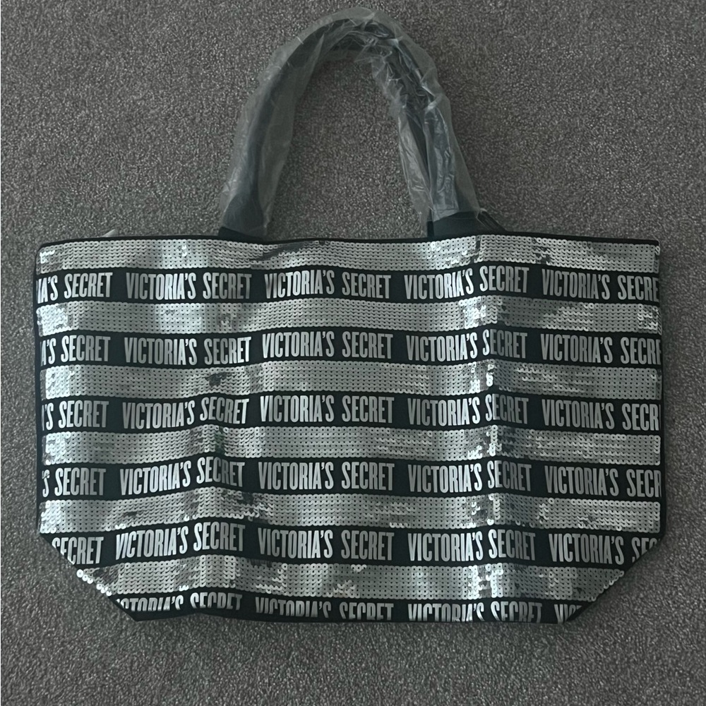 New Victoria Secret Silver Sequenced Large Black Tote With Mini Make Up Bag - Picture 3 of 6